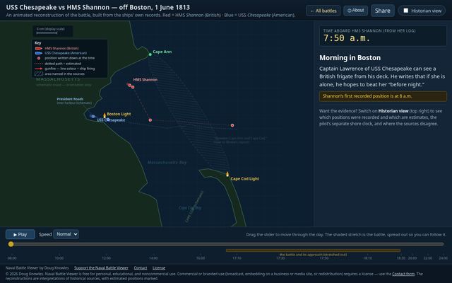 USS Chesapeake vs HMS Shannon in the plain view: a chart of Massachusetts Bay with both ships’ tracks, a story panel on the right and Play controls with a timeline below.