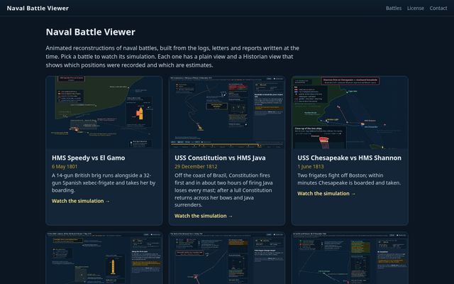 The Naval Battle Viewer home page: a grid of battle cards, each with a thumbnail, date, one-line summary and a “Watch the simulation” link.