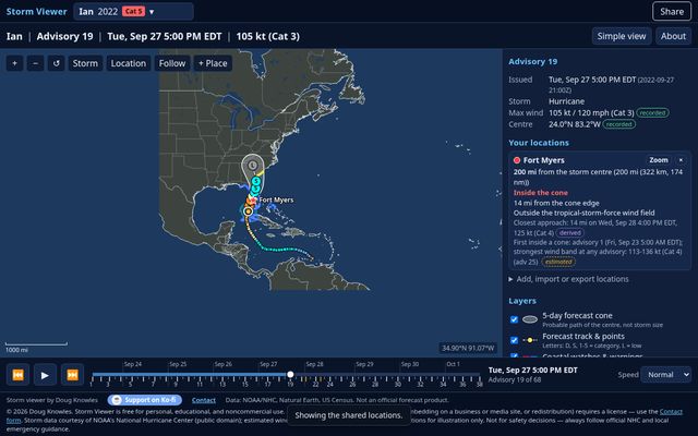 The same advisory in Detailed view, with extra figures for the location: distances in three units, the first advisory that put it inside the cone and the strongest wind band forecast.